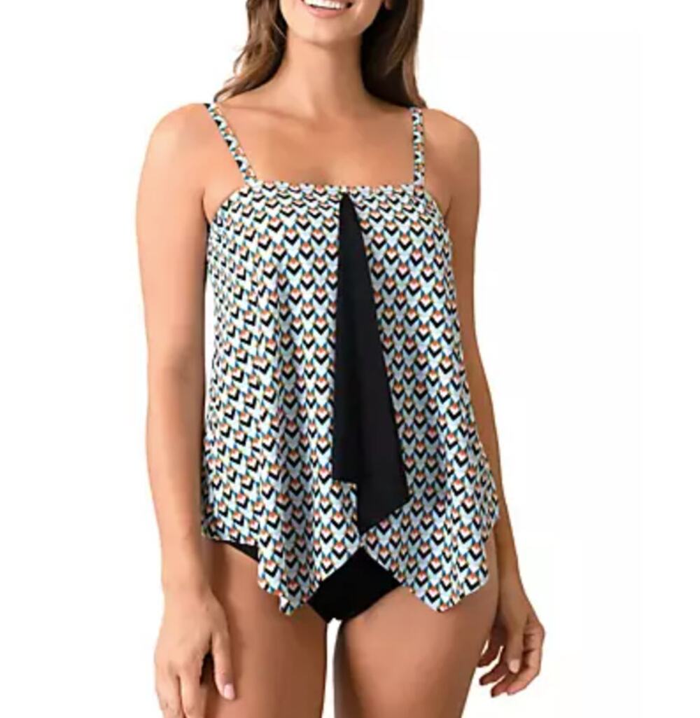 Fit 4 U Tankini Top 8 NWT Tummy Control Geo Print Handkerchief Hem Swimwear